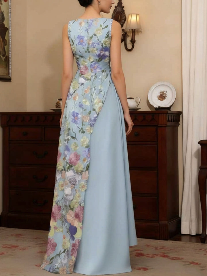 A-Line/Princess V-Neck Stretch Satin Mother of the Bride Dresses Floral Lace Floor-Length Sleeveless Ruffles
