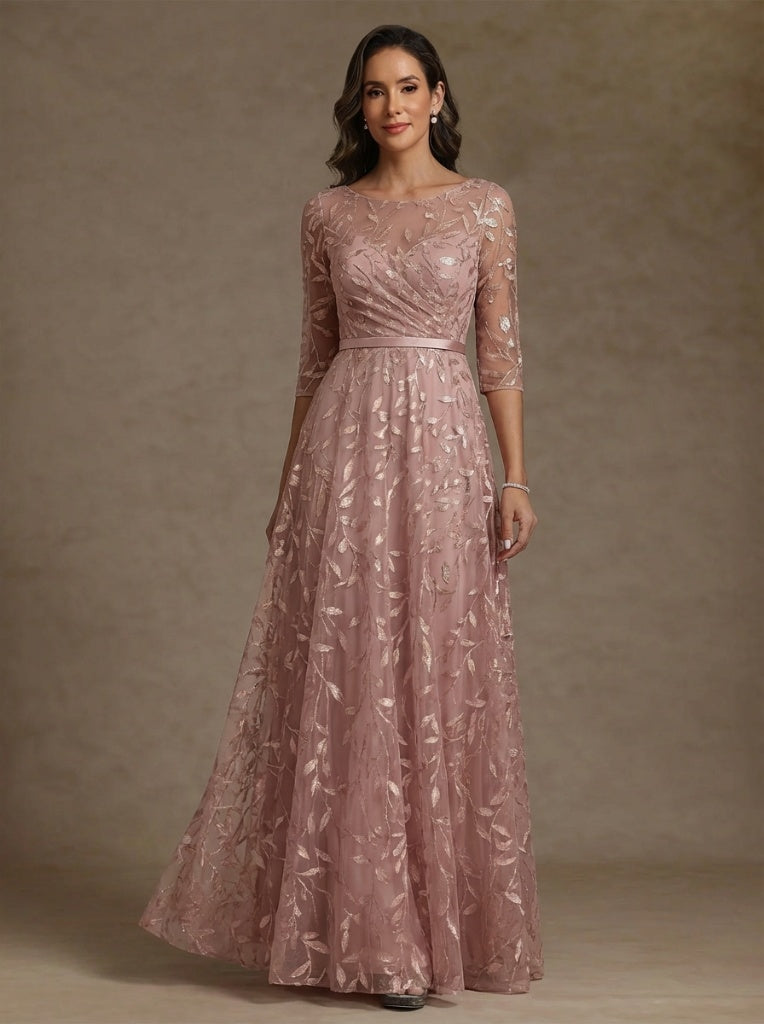 A-Line/Princess Scoop Lace Mother of the Bride Dresses Floor-Length Half Sleeves Pleated