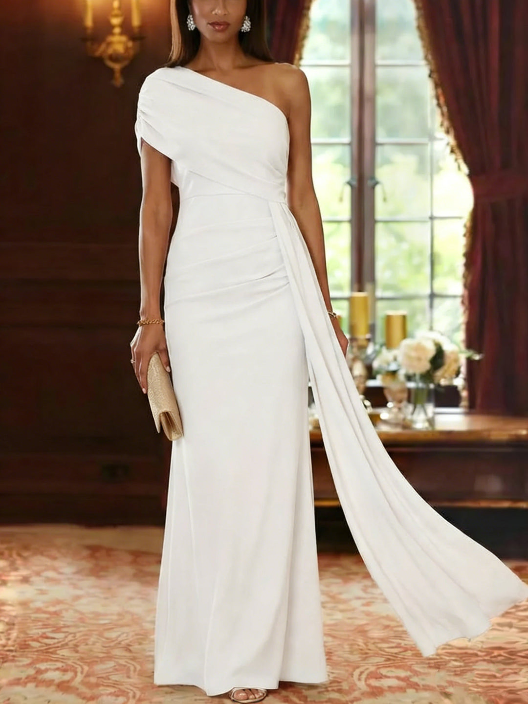 Sheath/Column One-Shoulder Chiffon Mother of the Bride Dresses with Watteau Train Floor-Length Sleeveless
