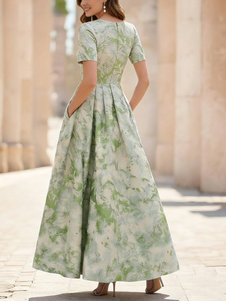 A-Line/Princess Scoop Jacquard Mother of the Bride Dresses Ankle-Length Short Sleeves Pleats