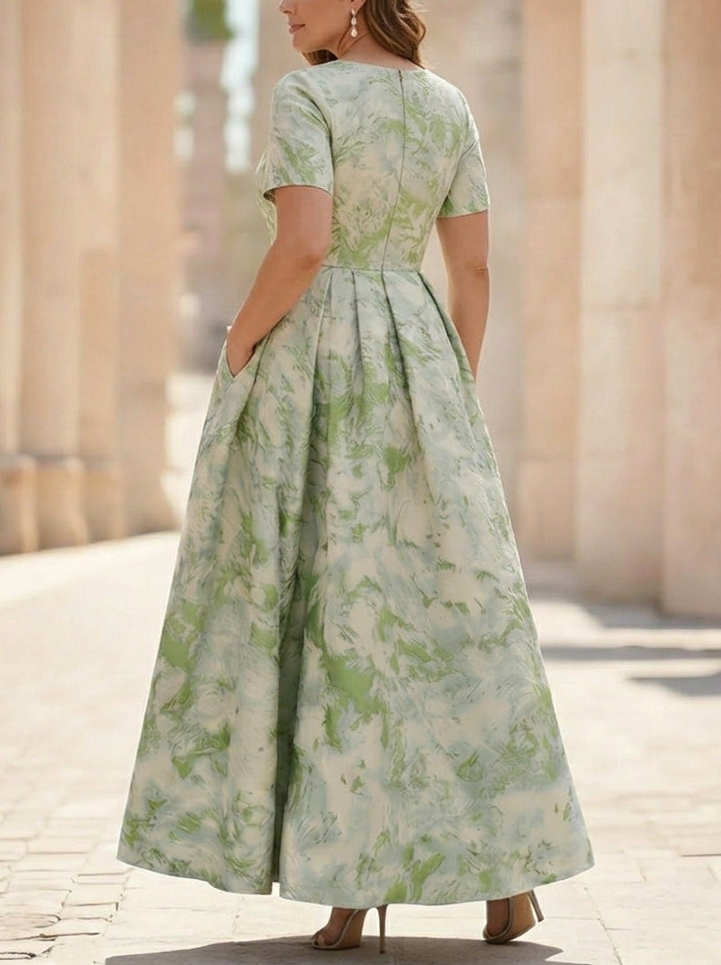 A-Line/Princess Scoop Jacquard Plus Size Mother of the Bride Dresses Ankle-Length Short Sleeves Pleats