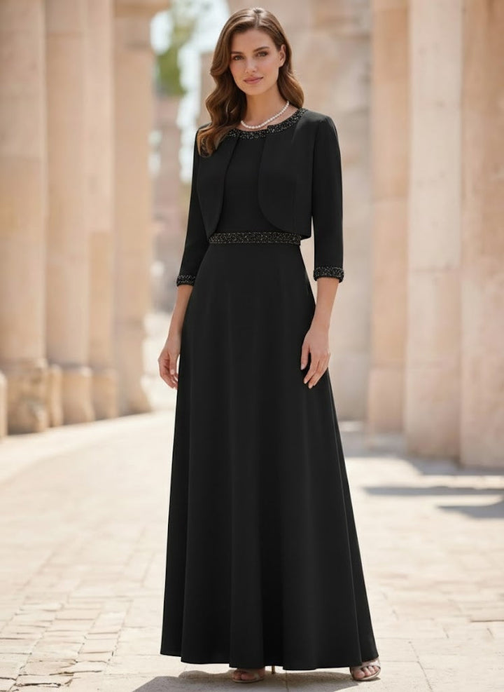 A-Line/Princess Scoop Satin 2 Pieces Mother of the Bride Dresses with Jacket Ankle-Length 3/4 Sleeves Beading