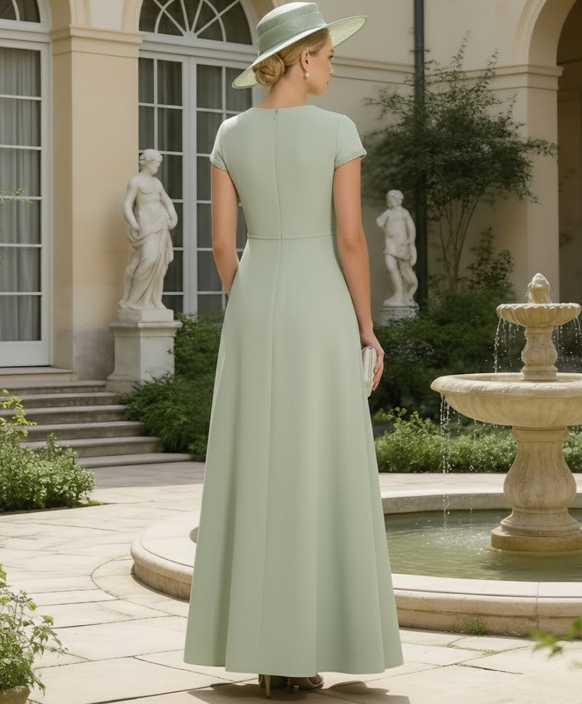 A-Line/Princess Scoop Satin Mother of the Bride Dresses Ankle-Length Short Sleeves Beading