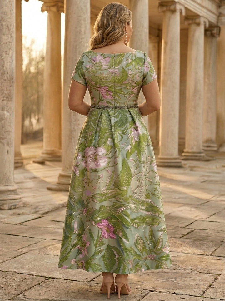 A-Line/Princess Square Collar Satin Plus Size Mother of the Bride Dresses Floral Ankle-Length Short Sleeves