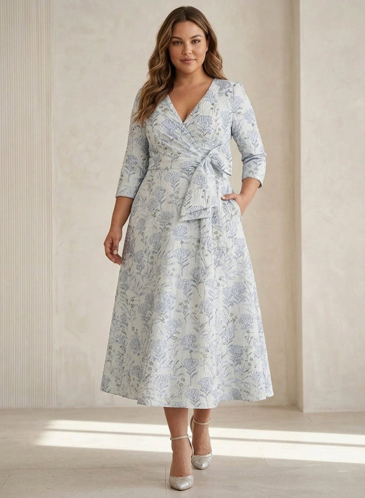 A-Line/Princess V-Neck Jacquard Plus Size Mother of the Bride Dresses Floral Tea-Length 3/4 Sleeves