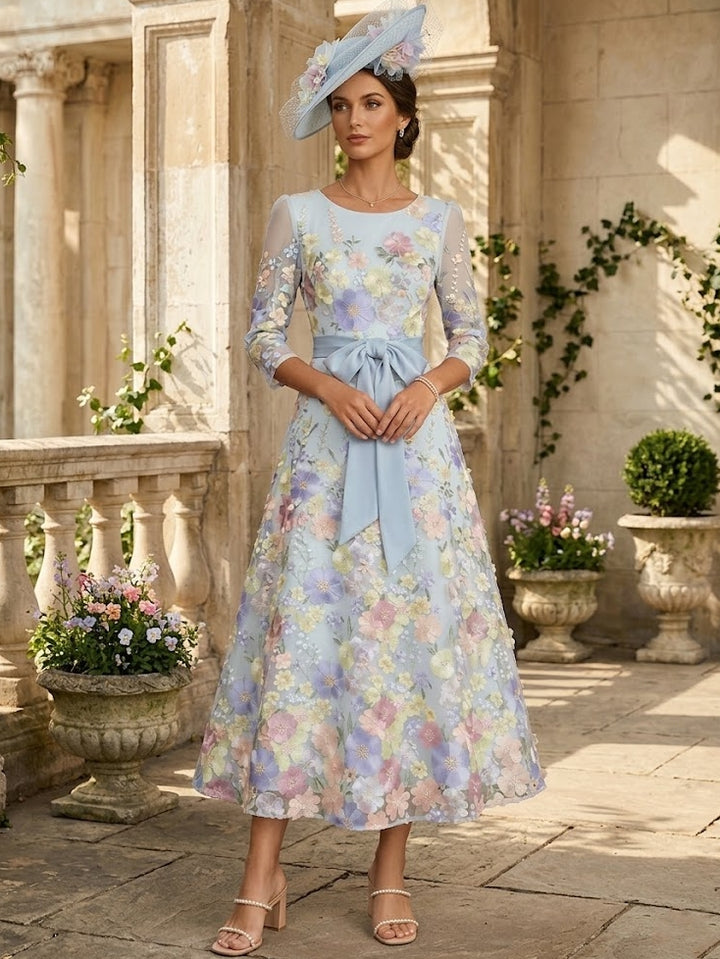 A-Line/Princess Scoop Lace Mother of the Bride Dresses Floral Embroidery Tea-Length 3/4 Sleeves Bowknot