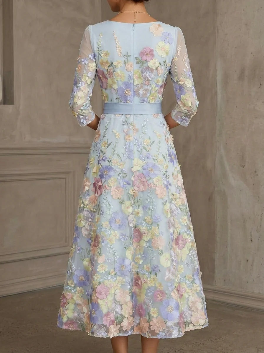 A-Line/Princess Scoop Lace Mother of the Bride Dresses Floral Embroidery Tea-Length 3/4 Sleeves Bowknot