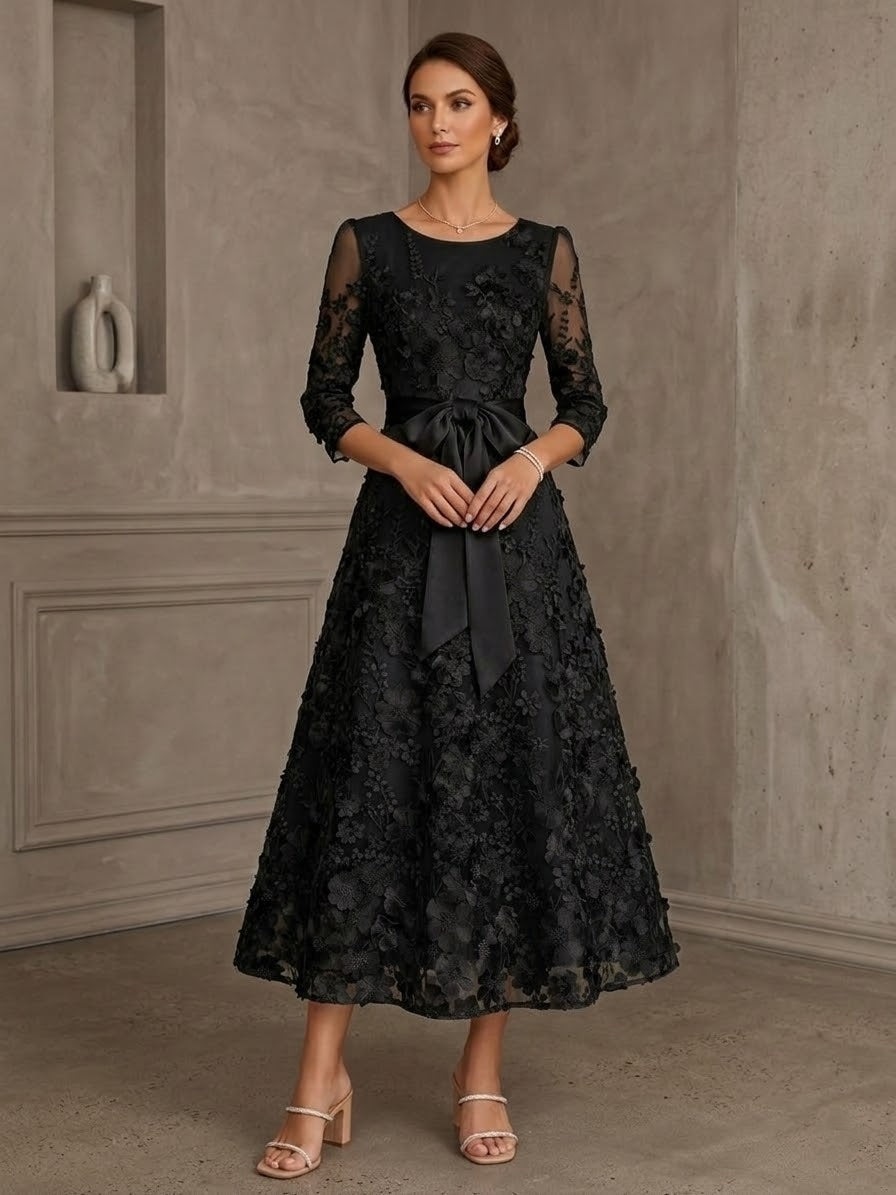 A-Line/Princess Scoop Lace Mother of the Bride Dresses Floral Embroidery Tea-Length 3/4 Sleeves Bowknot