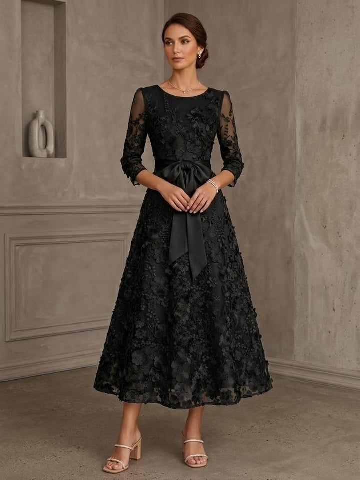 A-Line/Princess Scoop Lace Mother of the Bride Dresses Floral Embroidery Tea-Length 3/4 Sleeves Bowknot