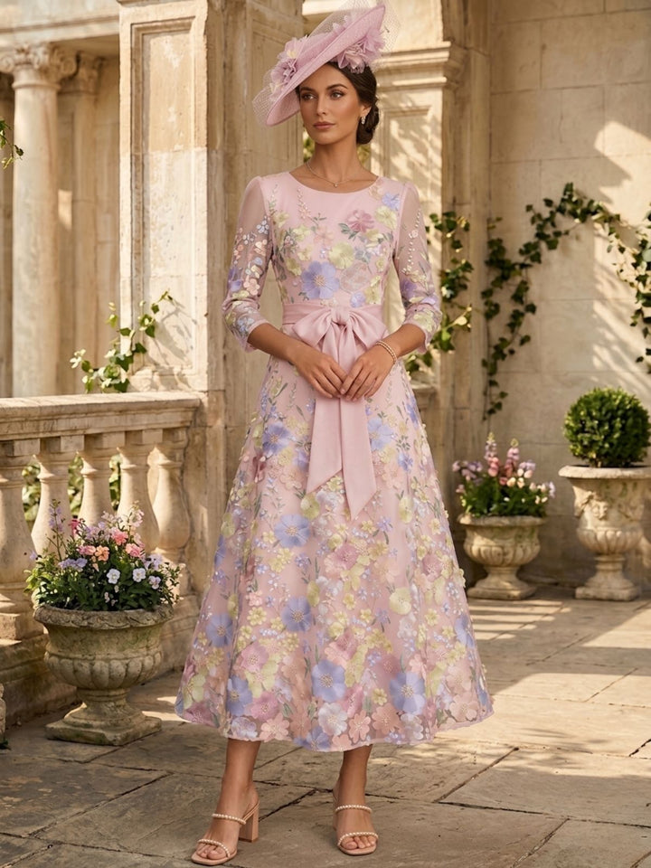A-Line/Princess Scoop Lace Mother of the Bride Dresses Floral Embroidery Tea-Length 3/4 Sleeves Bowknot
