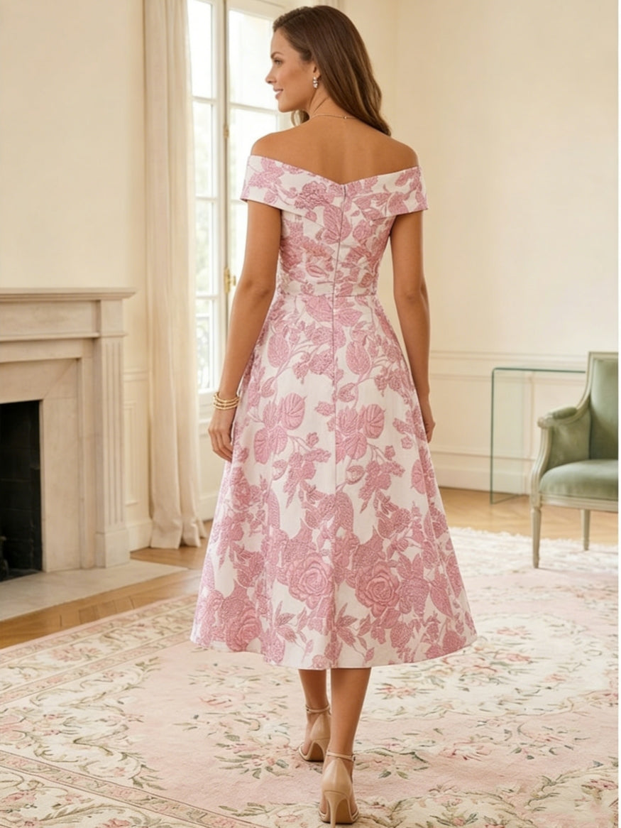 A-Line/Princess Off-the-Shoulder Jacquard Mother of the Bride Dresses Floral Tea-Length Sleeveless