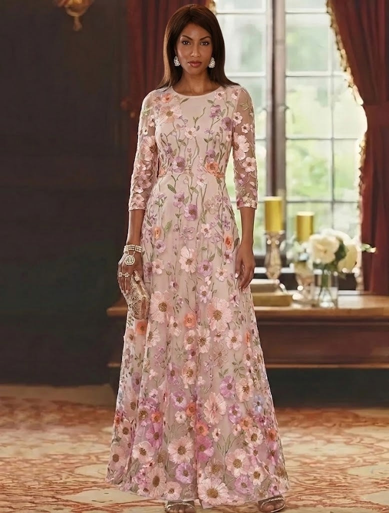 A-Line/Princess Scoop Lace Embroidery Mother of the Bride Dresses Floral Ankle-Length 3/4 Sleeves