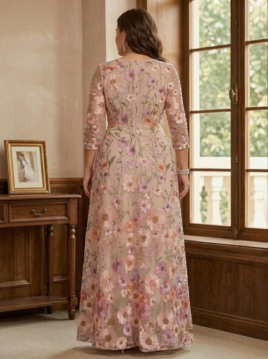 A-Line/Princess Scoop Lace Embroidery Plus Size Mother of the Bride Dresses Floral Ankle-Length 3/4 Sleeves
