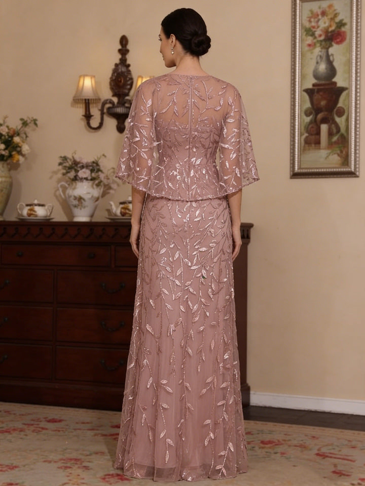 A-Line/Princess Scoop Lace Mother of the Bride Dresses Floor-Length Cape Sleeves Sequins Floral