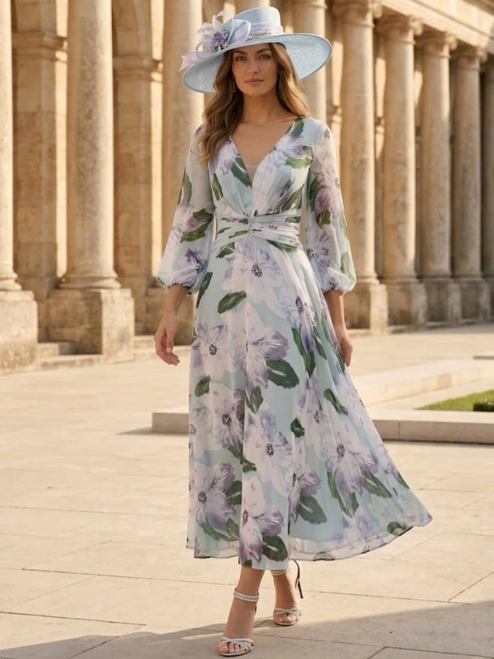 A-Line/Princess V-Neck Chiffon Mother of the Bride Dresses 3/4 Sleeves Floral Tea-Length Ruched