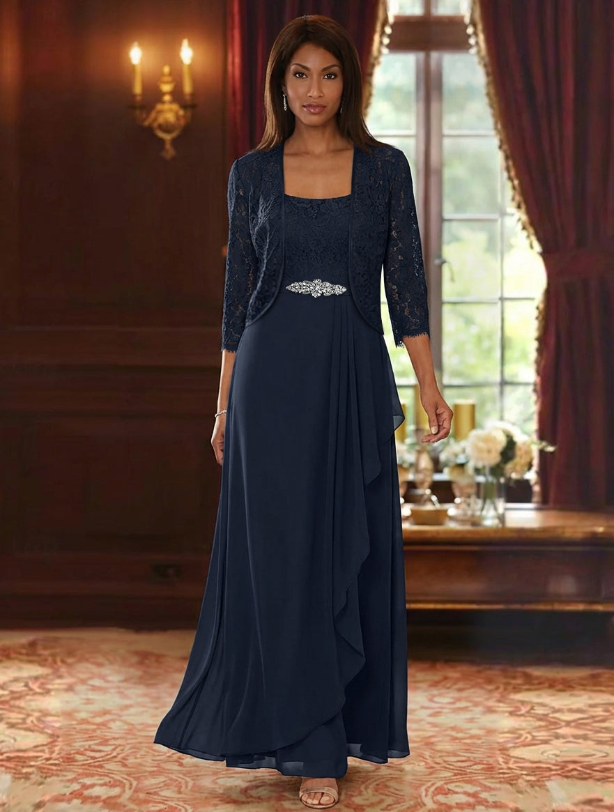 A-Line/Princess Square Collar Chiffon Mother of the Bride Dresses with Jacket Lace Ankle-Length 3/4 Sleeves