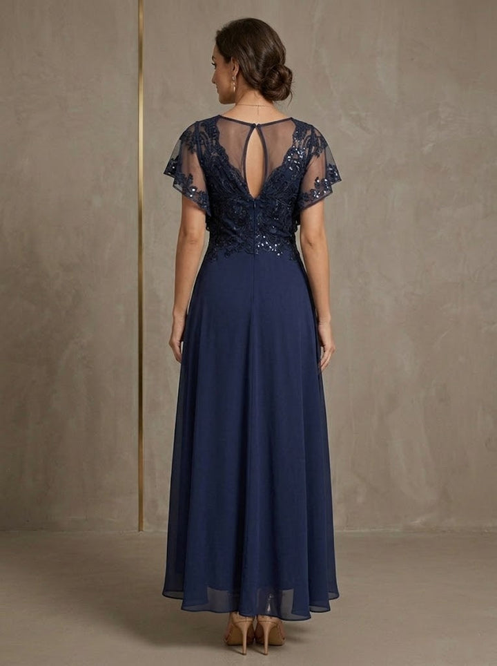 A-Line/Princess V-Neck Chiffon Mother of the Bride Dresses Asymmetrical Ankle-Length Lace Sequins Short Sleeves
