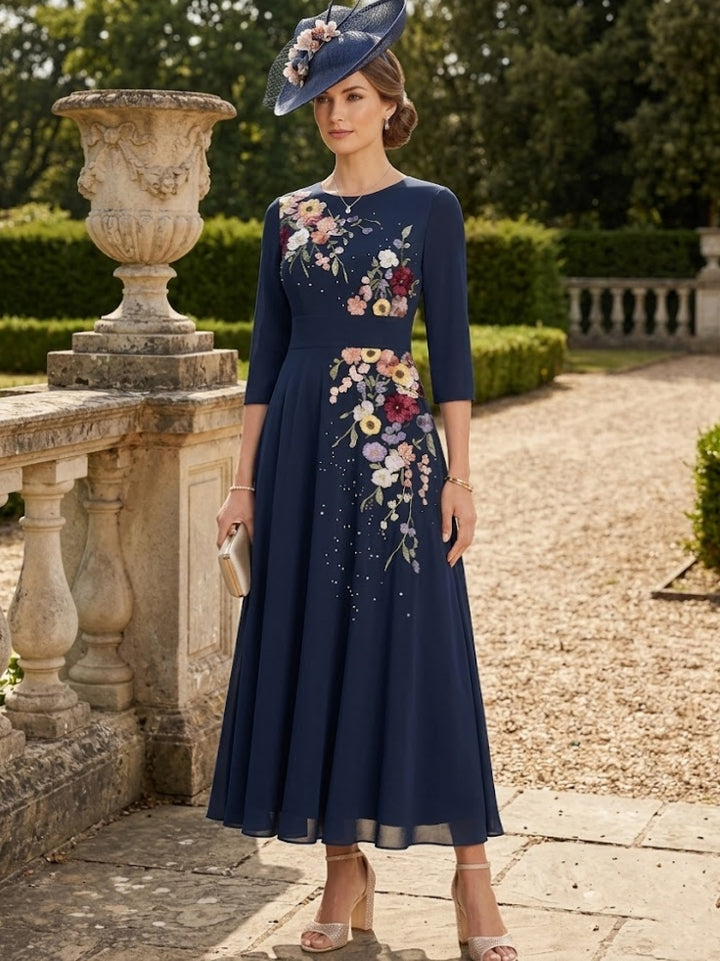 A-Line/Princess Scoop Chiffon Mother of the Bride Dresses 3/4 Sleeves Lace Tea-Length Floral