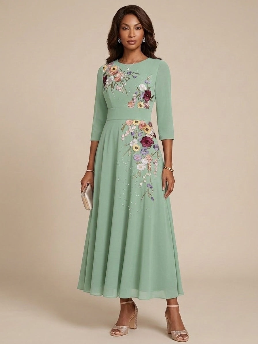 A-Line/Princess Scoop Chiffon Mother of the Bride Dresses 3/4 Sleeves Lace Tea-Length Floral