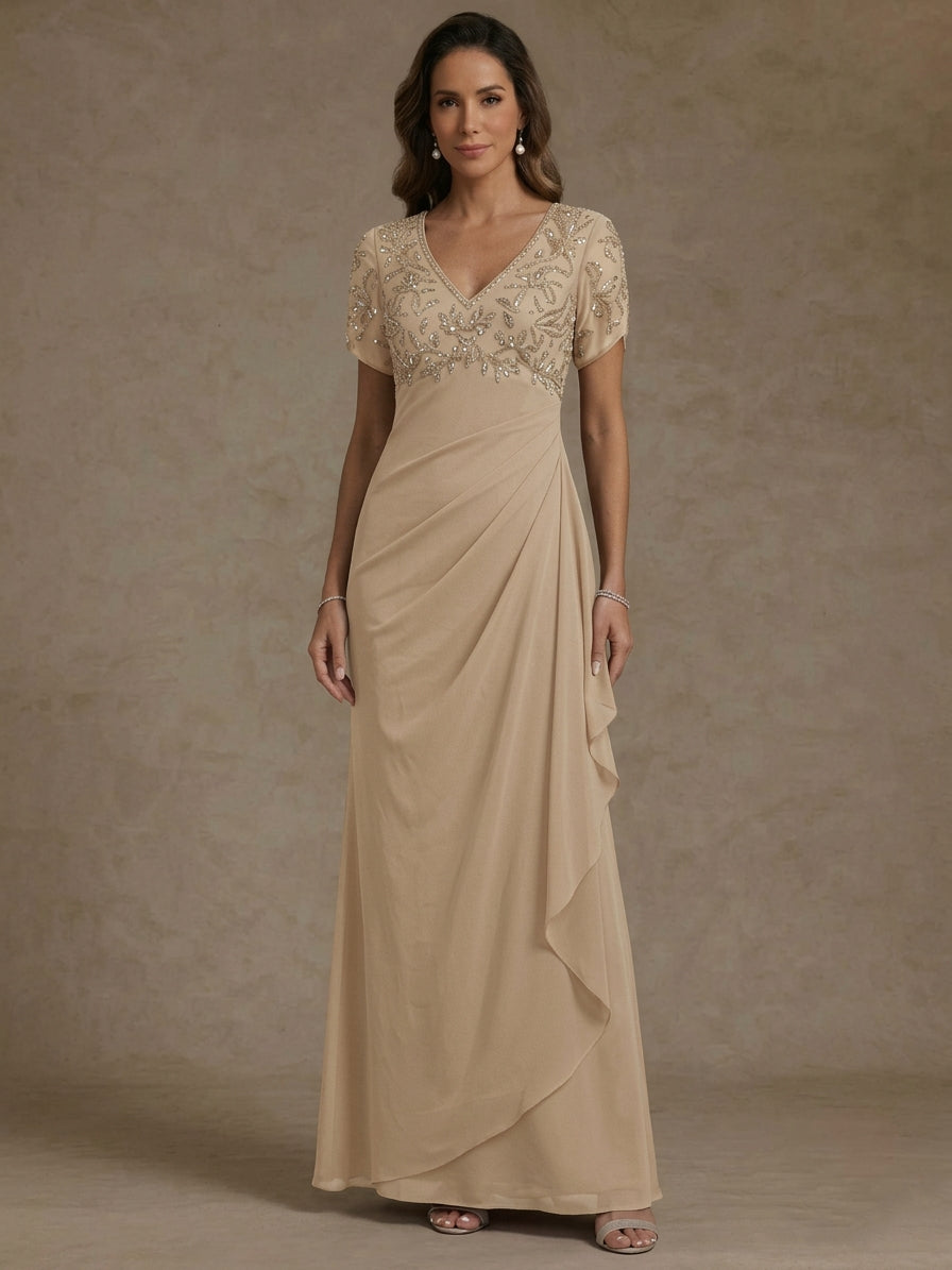 Sheath/Column V Neck Mother of the Bride Dresses Short Sleeves Chiffon Ankle Length Sequins Ruffles