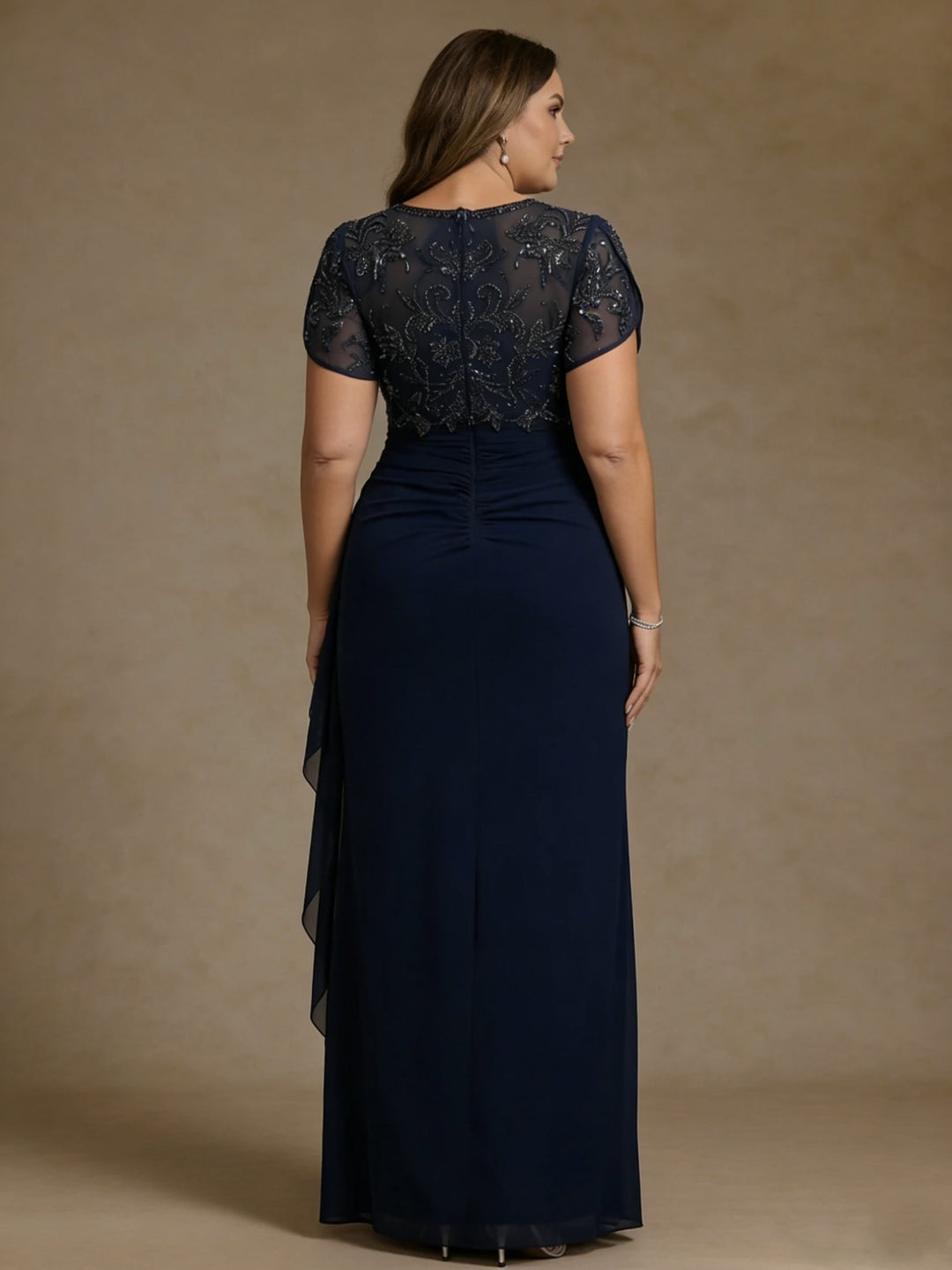 Sheath/Column V Neck Plus Size Mother of the Bride Dresses Short Sleeves Chiffon Floral Ankle Length Sequins Ruffles