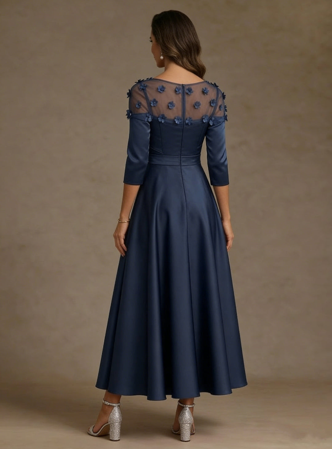 A-Line/Princess V-Neck Acetate Satin Mother of the Bride Dresses 3/4 Sleeves Floral Tea-Length 3D Flower