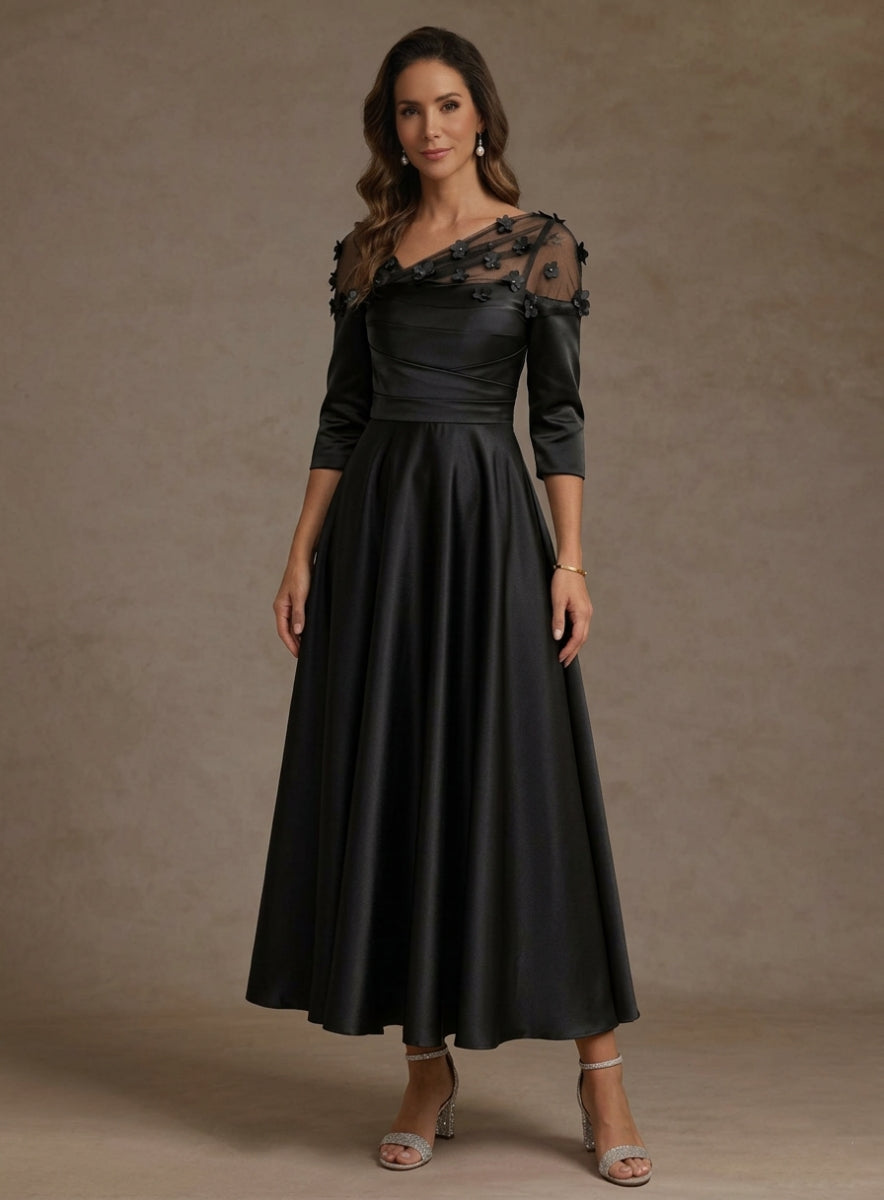 A-Line/Princess V-Neck Acetate Satin Mother of the Bride Dresses 3/4 Sleeves Floral Tea-Length 3D Flower