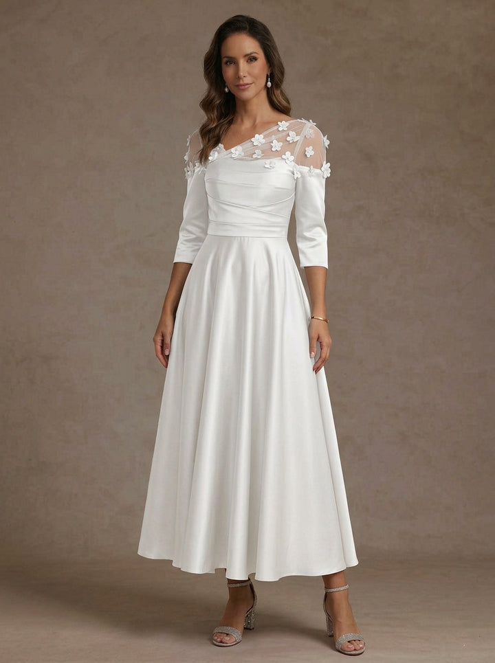 A-Line/Princess V-Neck Acetate Satin Mother of the Bride Dresses 3/4 Sleeves Floral Tea-Length 3D Flower