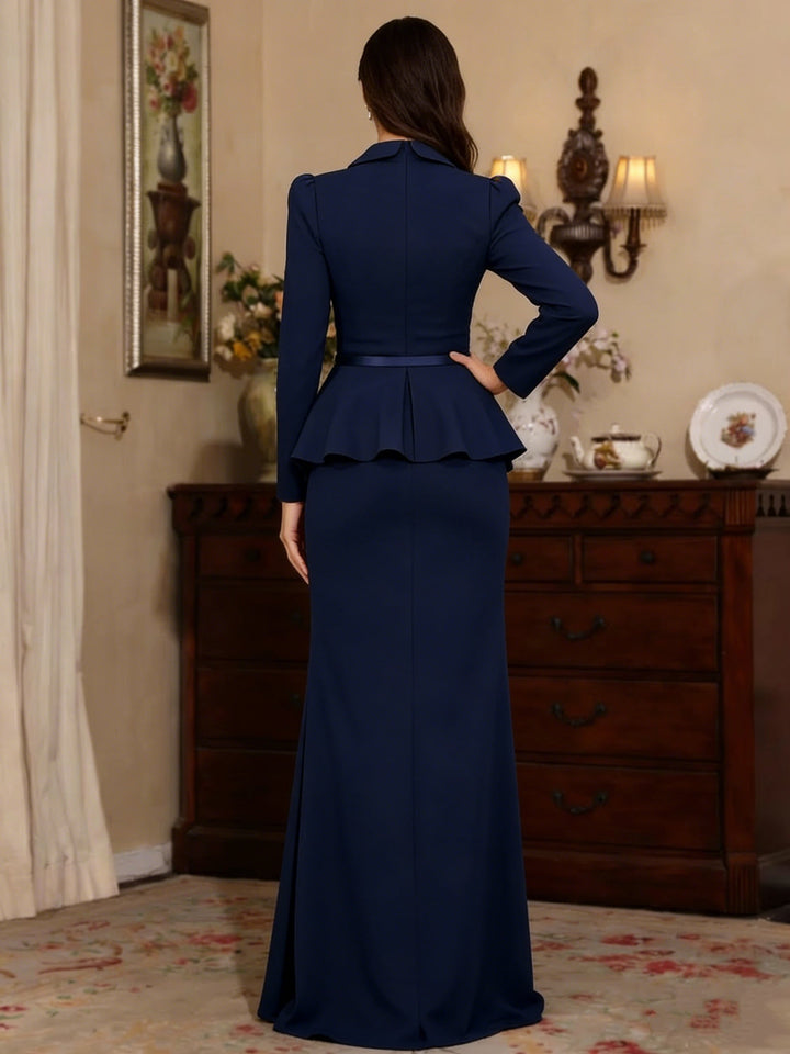 Sheath/Column V-Neck Stretch Satin Mother Of The Bride Dresses With 3D Flower Long Sleeves Floor-Length Pleated