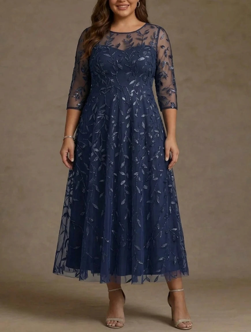 A-Line/Princess Scoop Lace Sequins Plus Size Mother of the Bride Dresses 3/4 Sleeves Floral Tea-Length
