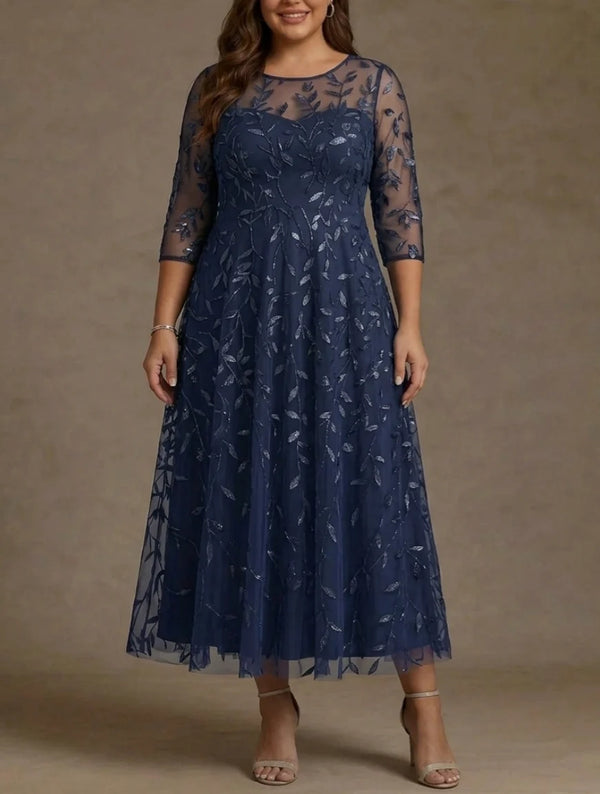 A-Line/Princess Scoop Lace Sequins Plus Size Mother of the Bride Dresses 3/4 Sleeves Floral Tea-Length