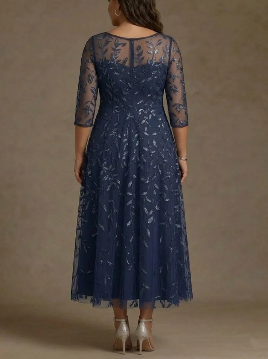 A-Line/Princess Scoop Lace Sequins Plus Size Mother of the Bride Dresses 3/4 Sleeves Floral Tea-Length
