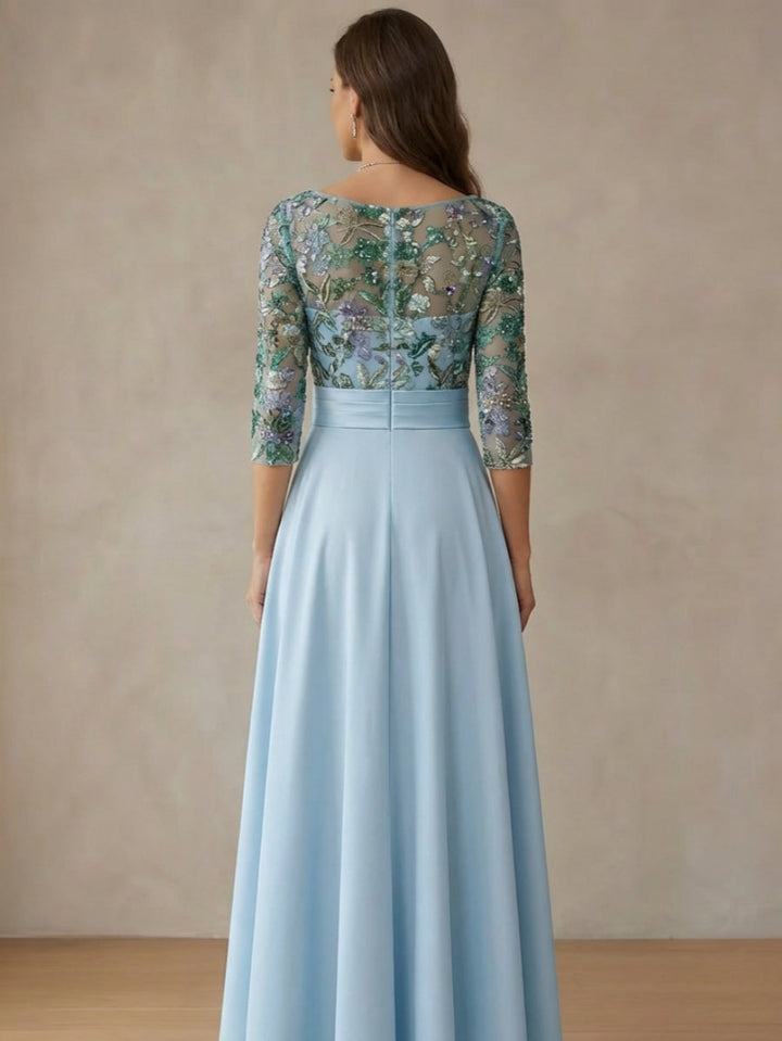 A-Line/Princess Cowl Neck Satin Mother of the Bride Dresses Lace Sequins Floral 3/4 Sleeves Tea-Length