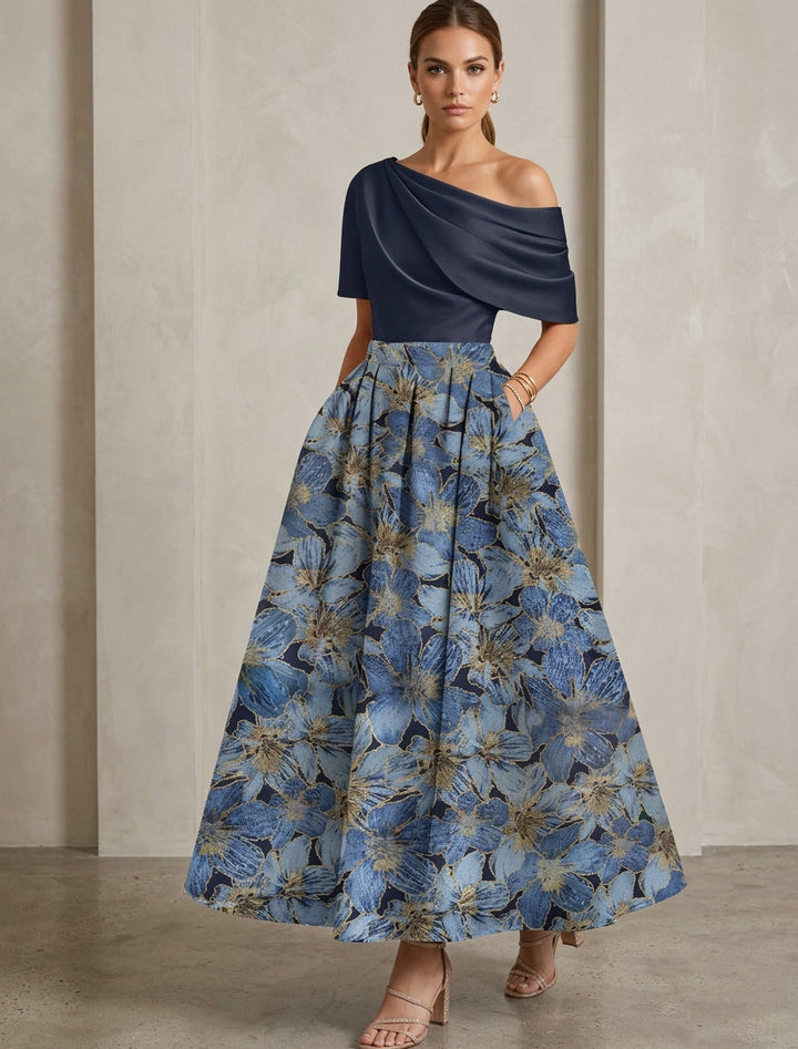 A-Line/Princess One-Shoulder Satin Mother of the Bride Dresses Floral Short Sleeves Ankle Length