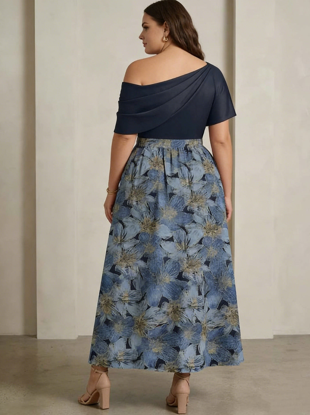 A-Line/Princess One-Shoulder Satin Plus Size Mother of the Bride Dresses Floral Short Sleeves Ankle Length