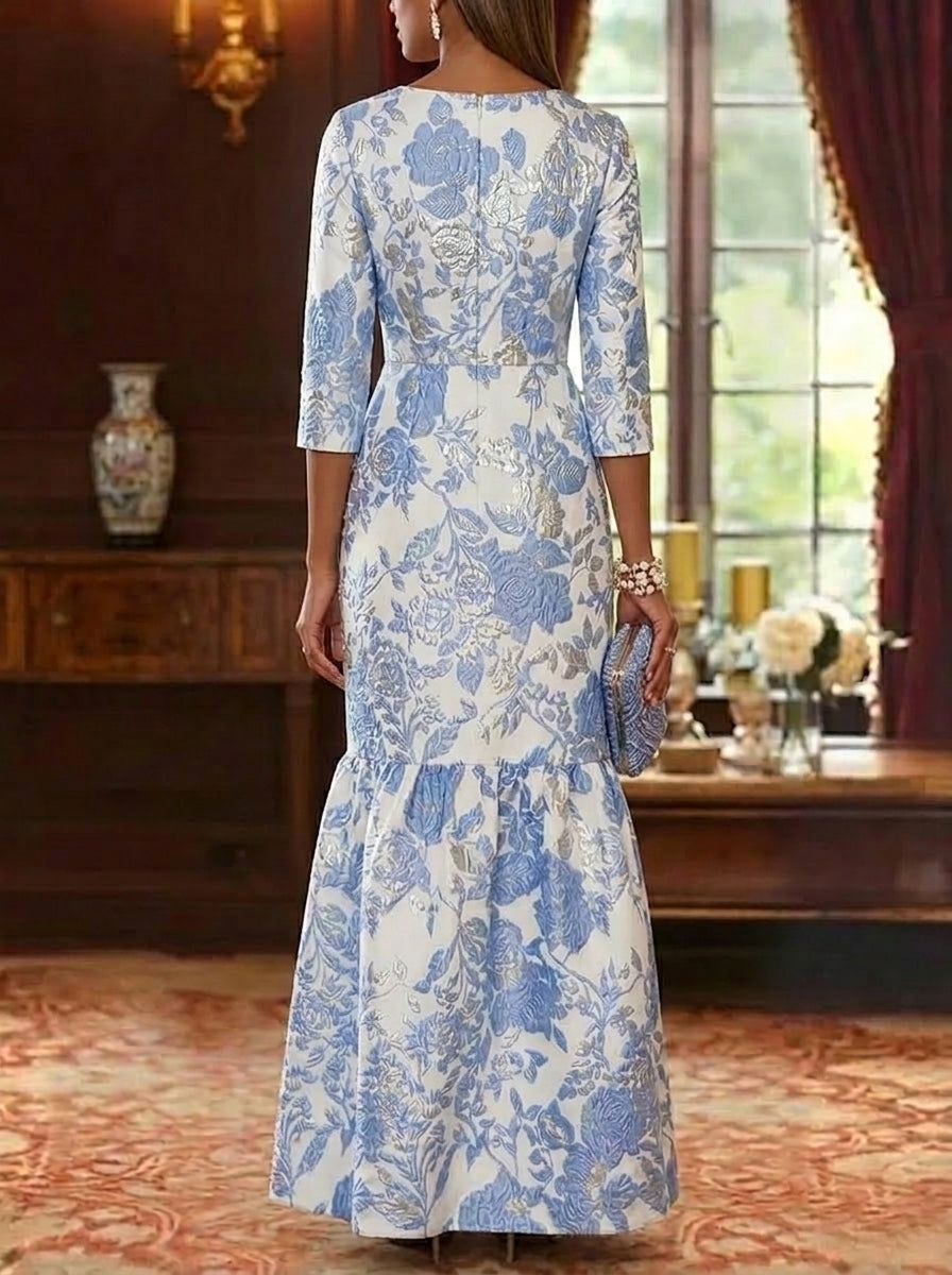 A-Line/Princess Scoop Jacquard Mother of the Bride Dresses Floral Floor-Length 3/4 Sleeves Ruffles