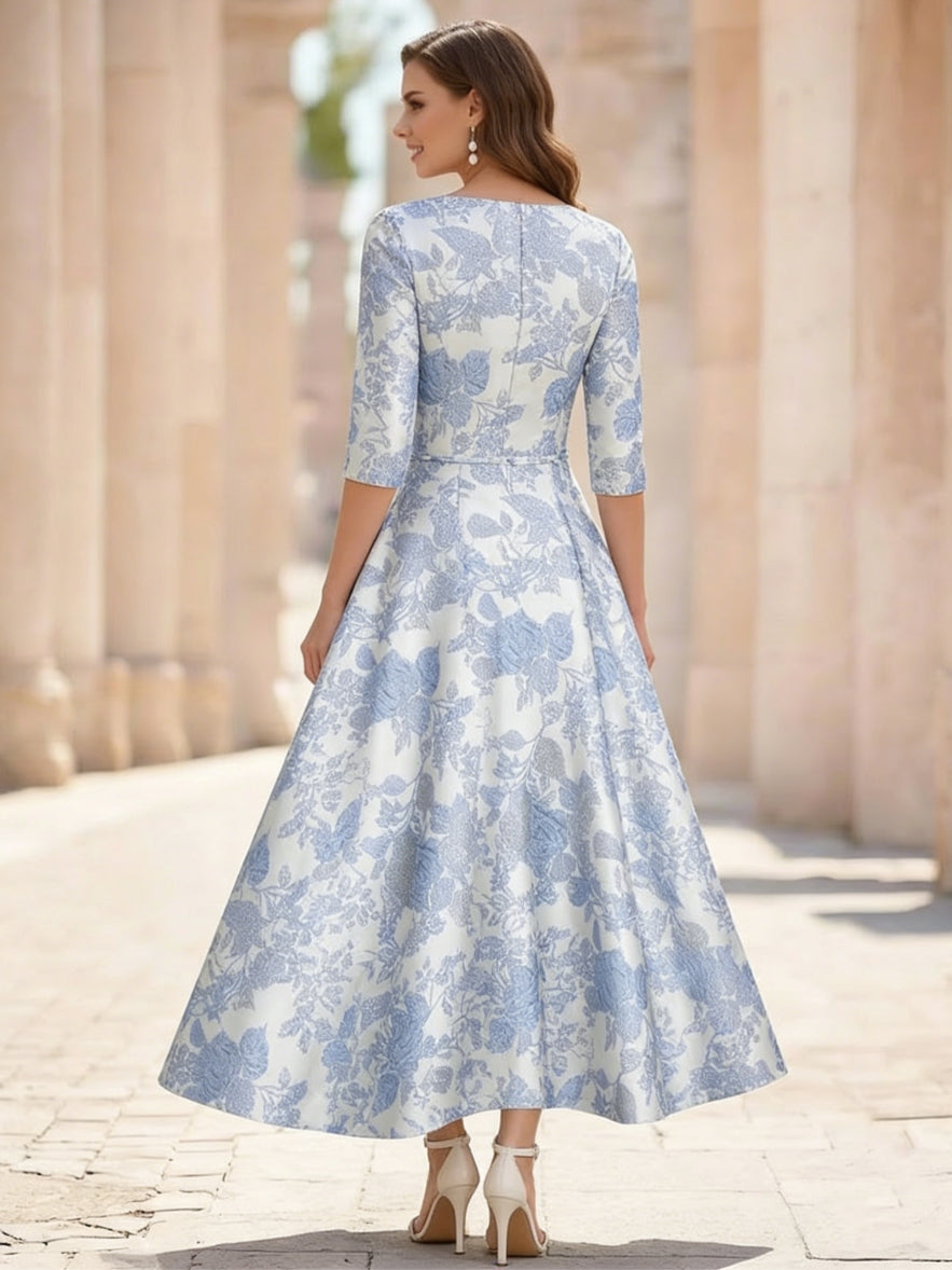 A-Line/Princess V-Neck Jacquard Mother of the Bride Dresses Floral Tea-Length Half Sleeves Ruffles