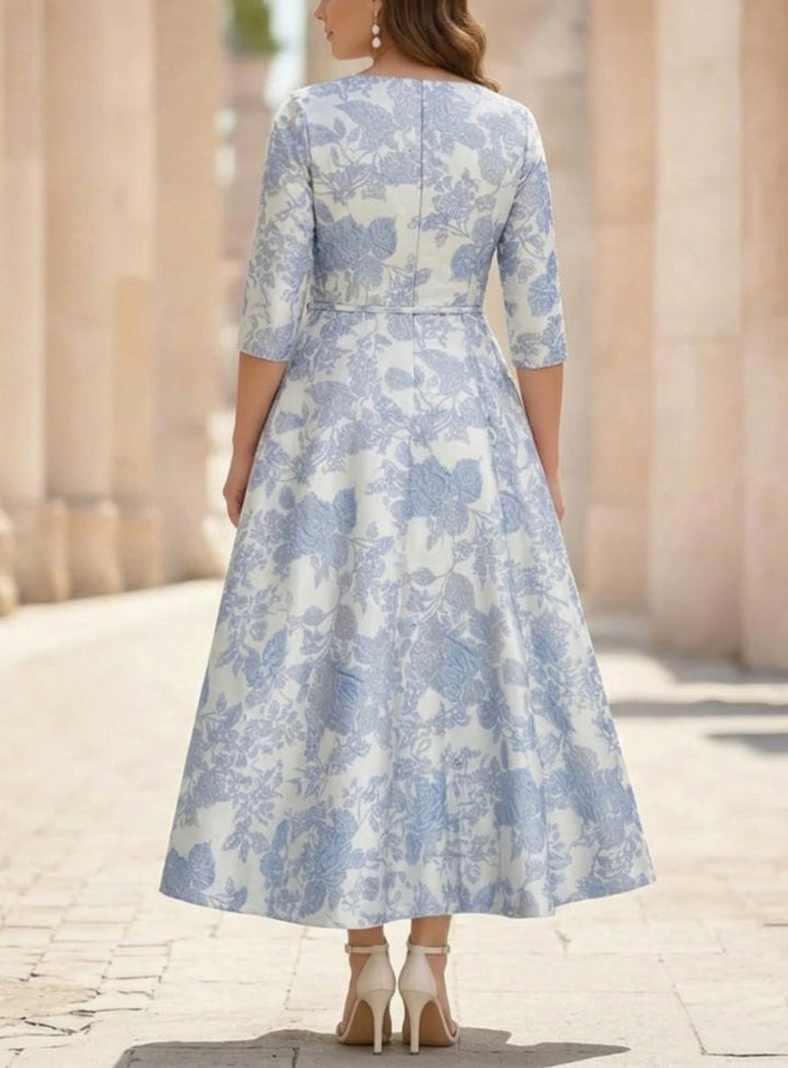 A-Line/Princess V-Neck Jacquard Plus Size Mother of the Bride Dresses Floral Tea-Length Half Sleeves Ruffles