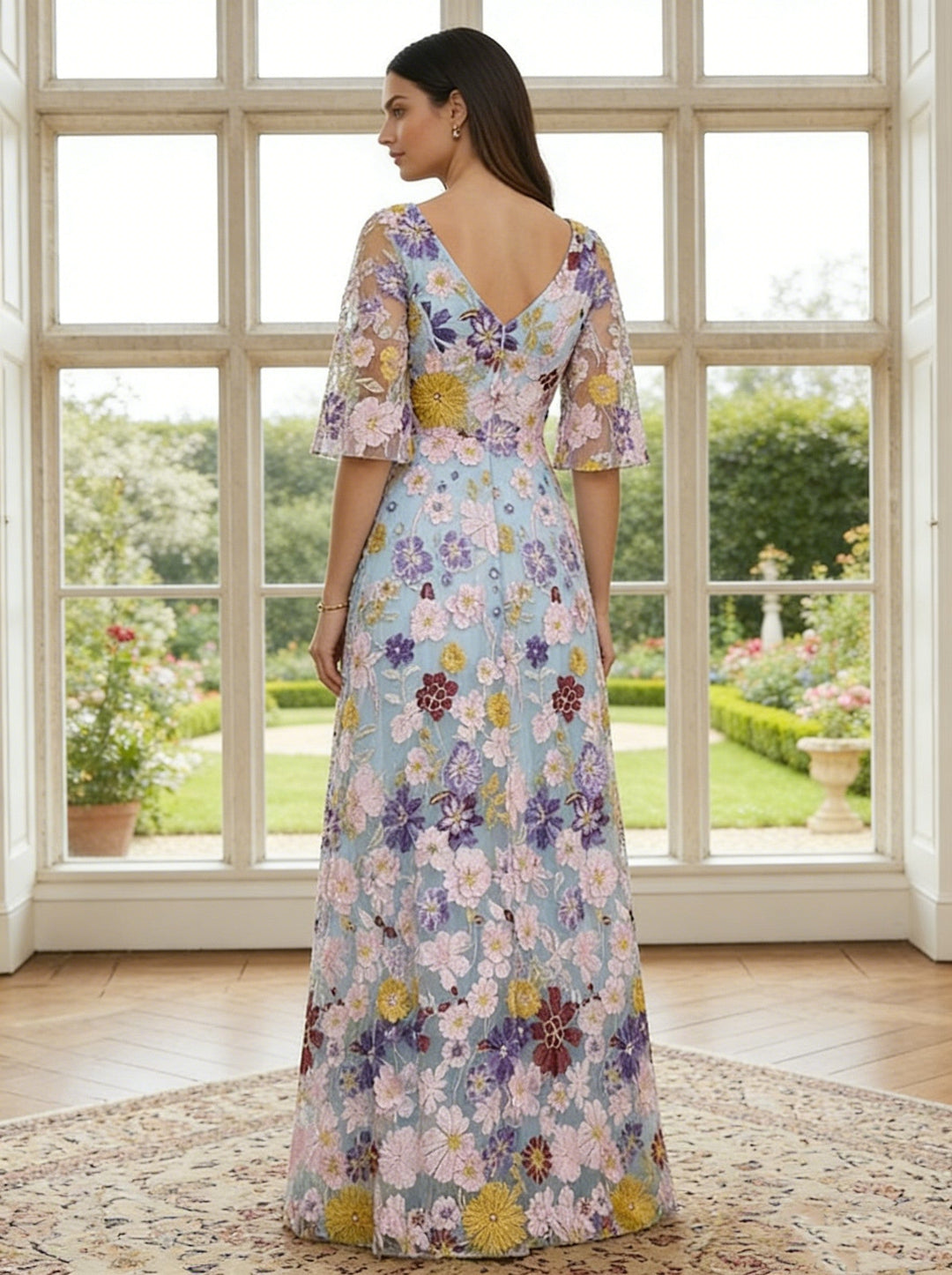 A-Line/Princess V-Neck Mother of the Bride Dresses Lace Floral Half Sleeves Floor-Length