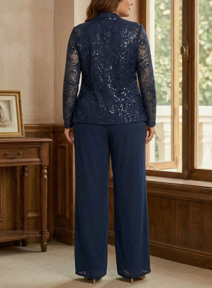 3 Pieces Chiffon Scoop Plus Size Mother of the Bride Pantsuits with Jacket Sequins Long Sleeves Floor Length