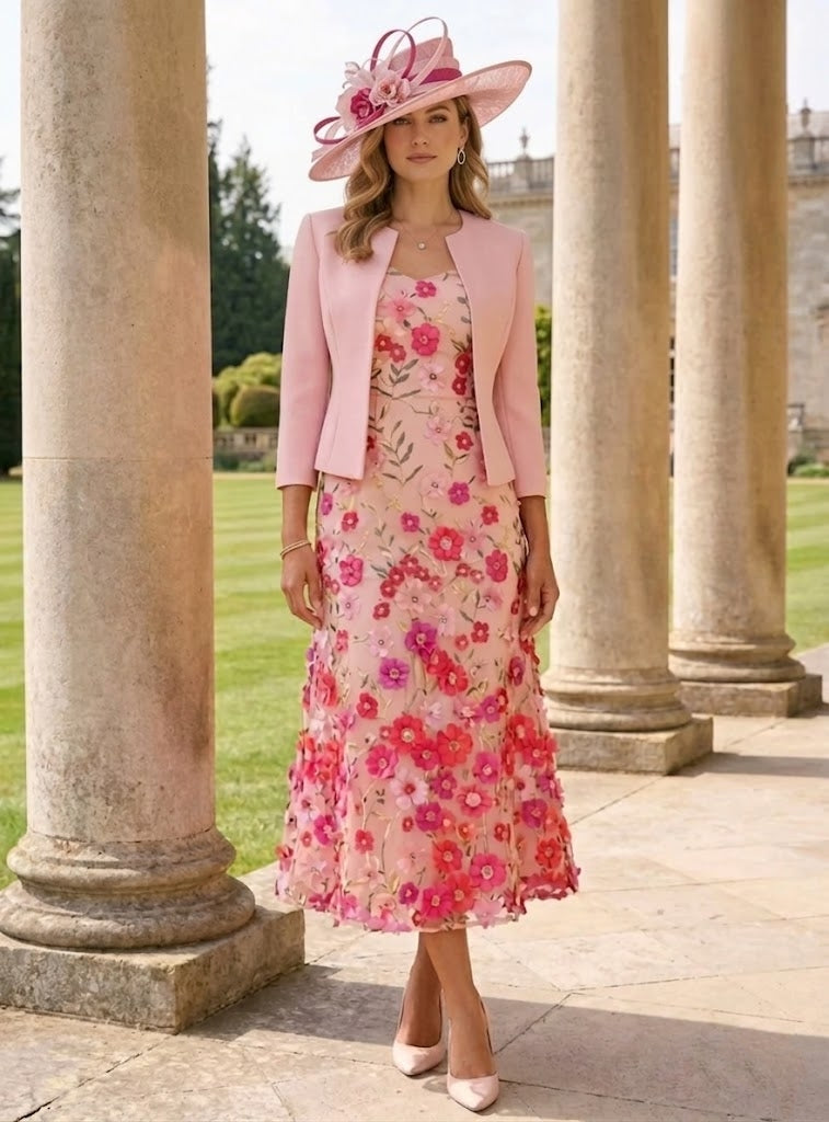 A-Line/Princess Scoop Stretch Satin Mother of the Bride Dresses with Jacket Lace Embroidery Floral Tea-Length 3/4 Sleeves