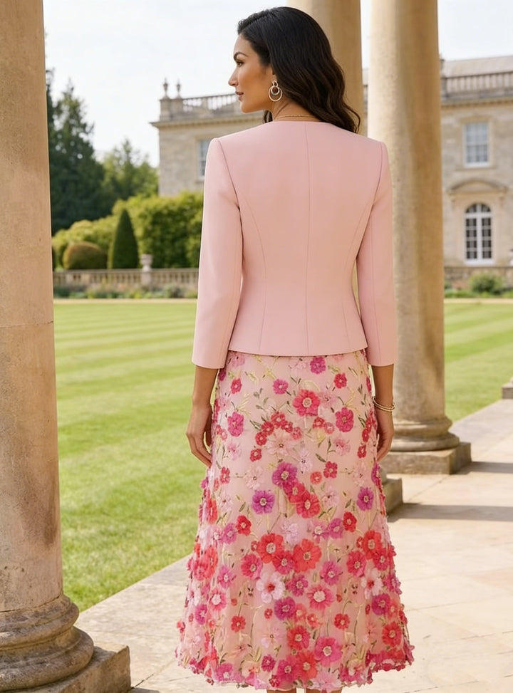 A-Line/Princess Scoop Stretch Satin Mother of the Bride Dresses with Jacket Lace Embroidery Floral Tea-Length 3/4 Sleeves