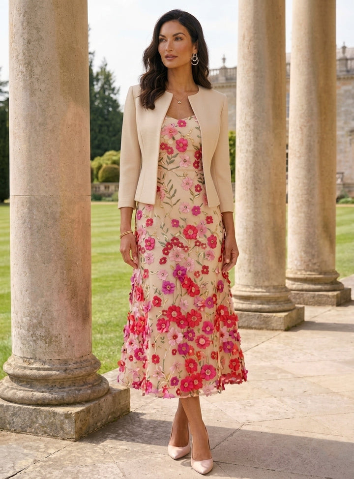 A-Line/Princess Scoop Stretch Satin Mother of the Bride Dresses with Jacket Lace Embroidery Floral Tea-Length 3/4 Sleeves