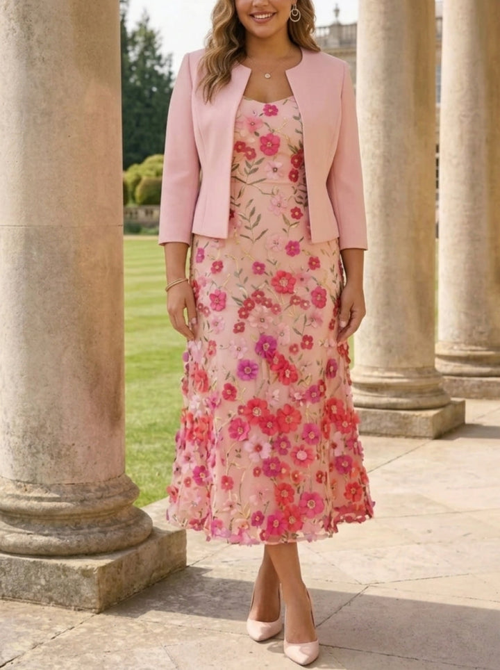 A-Line/Princess Scoop Stretch Satin Plus Size Mother of the Bride Dresses with Jacket Lace Embroidery Floral Tea-Length 3/4 Sleeves