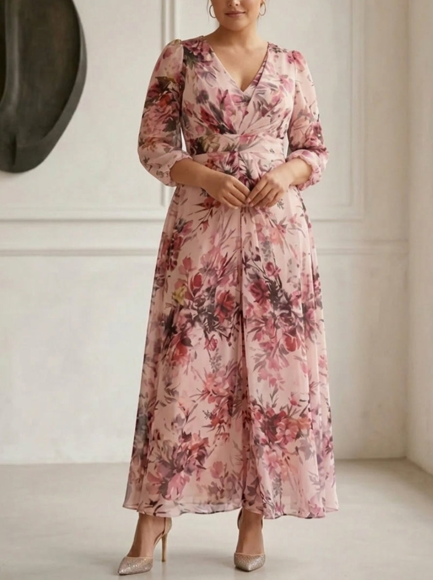 A-Line/Princess V-Neck Chiffon Plus Size Mother of the Bride Dresses Floral Ankle-Length 3/4 Sleeves