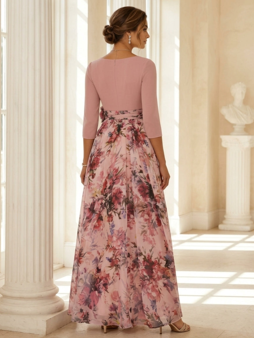 A-Line/Princess V-Neck Elastic Chiffon Mother of the Bride Dresses with 3D Flower Floral Ankle-Length 3/4 Sleeves