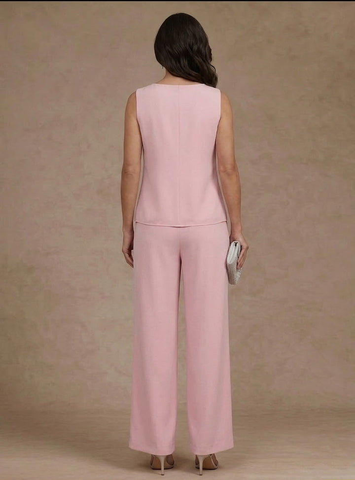 3 Pieces Suit V-Neck Chiffon Mother of the Bride Pantsuits with Jacket Lace Ankle-Length 3/4 Sleeves