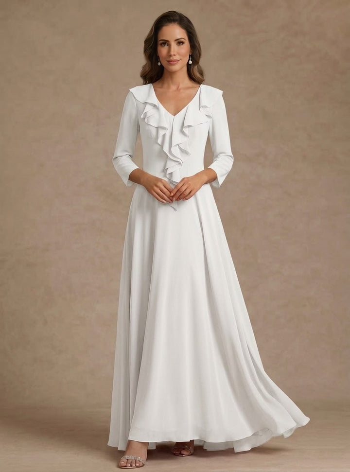 A-Line/Princess V-Neck Chiffon Mother of the Bride Dresses Floor-Length 3/4 Sleeves Ruffles