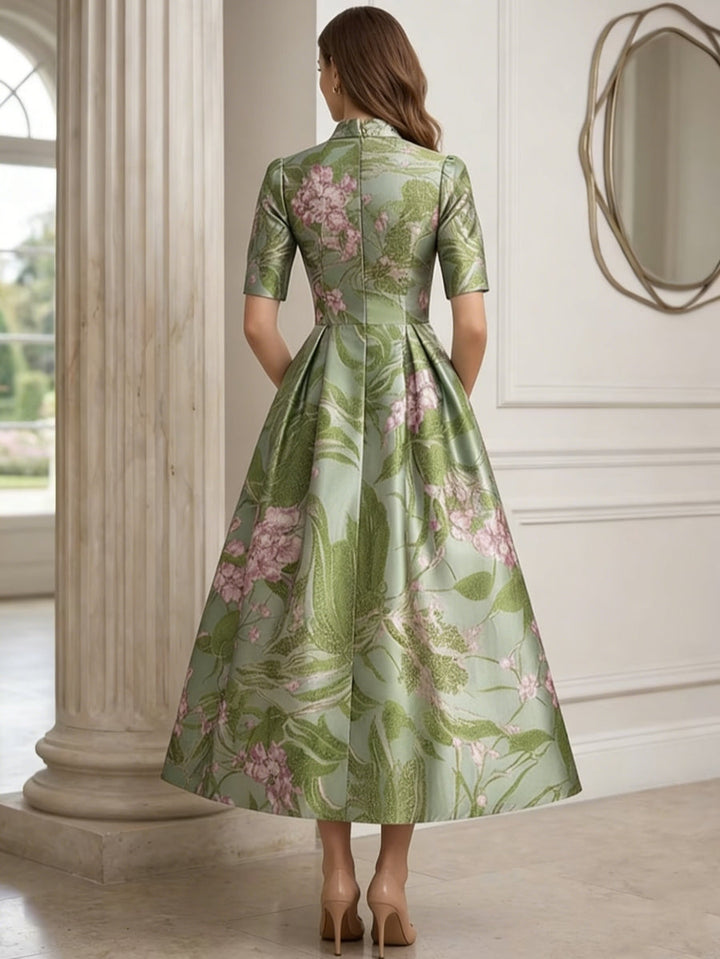 A-Line/Princess V-Neck Printed Satin Mother of the Bride Dresses with Bowknot Floral Tea-Length Half Sleeves