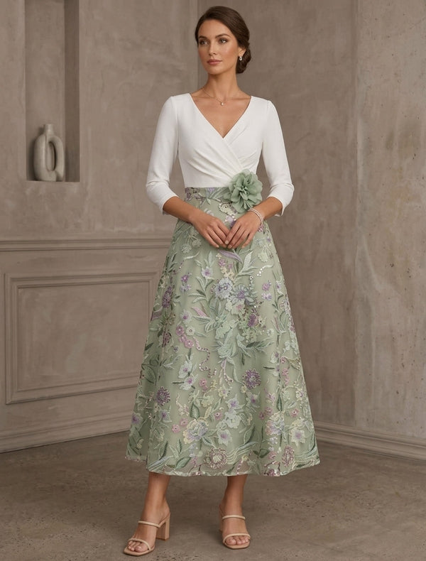 A-Line/Princess V-Neck Stretch Satin Mother of the Bride Dresses with 3D Flower Lace Floral 3/4 Sleeves Tea-Length